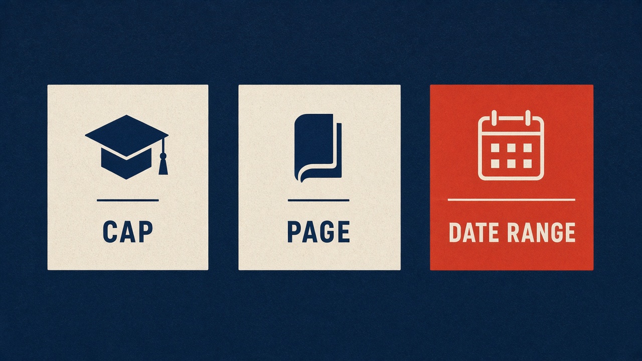 Three tickets: 2,500+ cap, 1,000 page, date range
