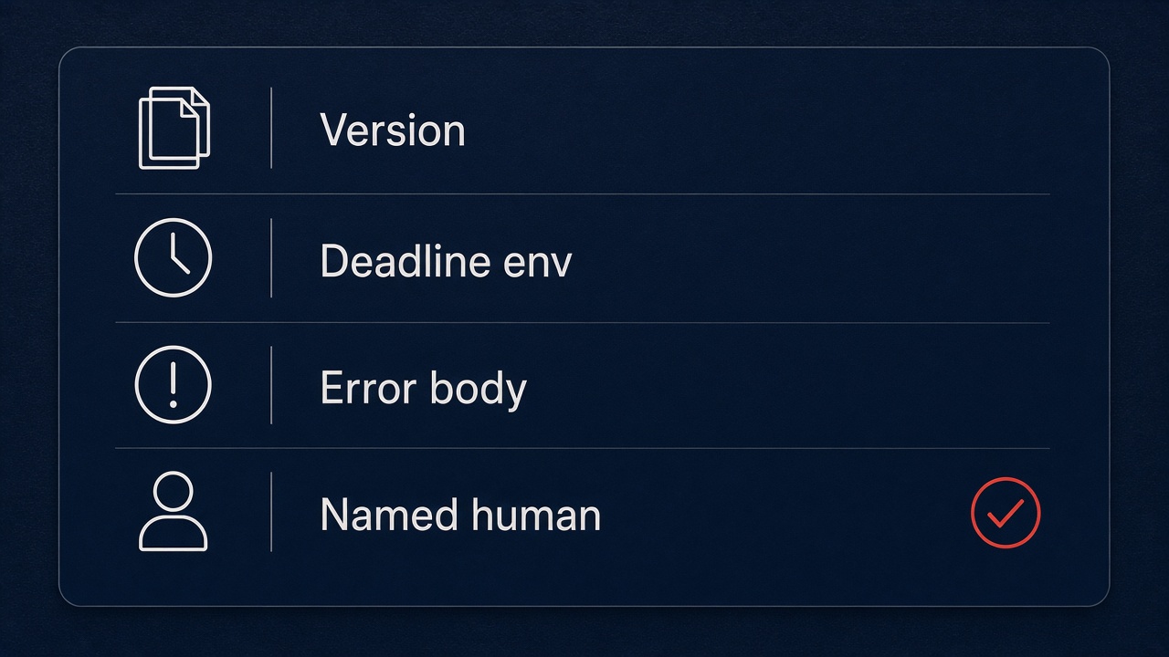 Ticket checklist: version, deadline env, error body, named human