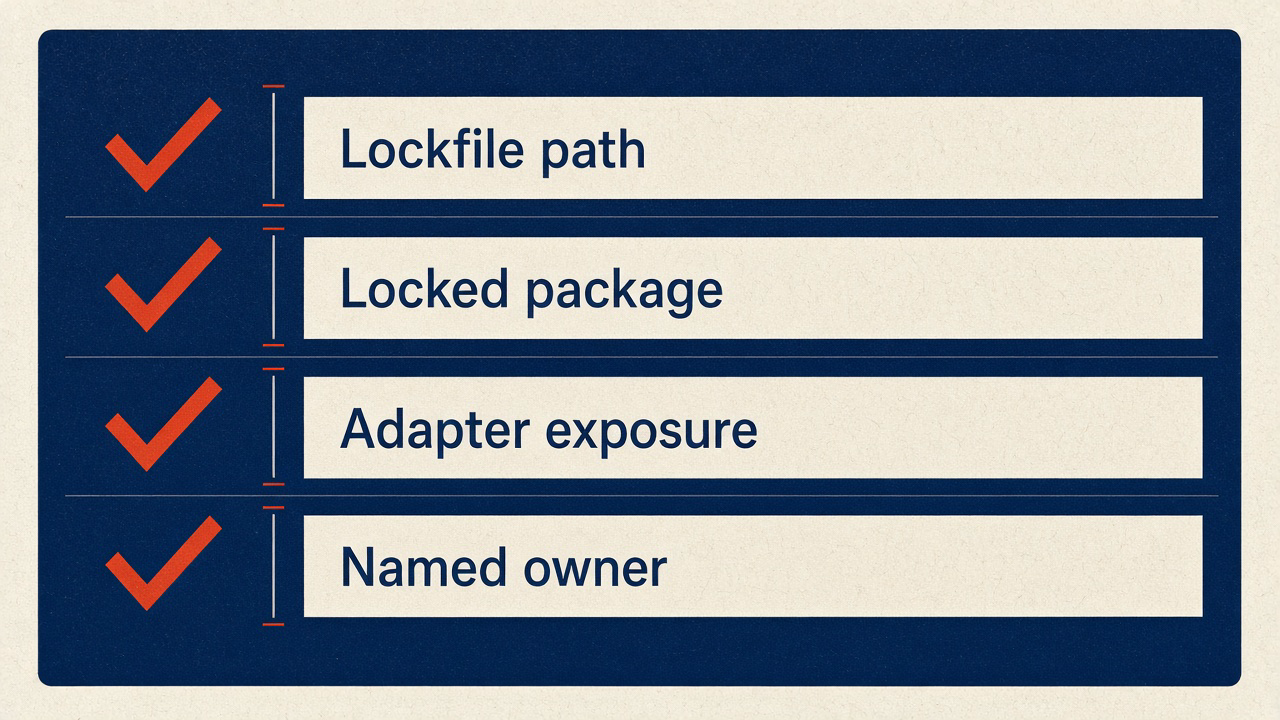 Probe checklist: lockfile path, locked package, adapter exposure, named owner