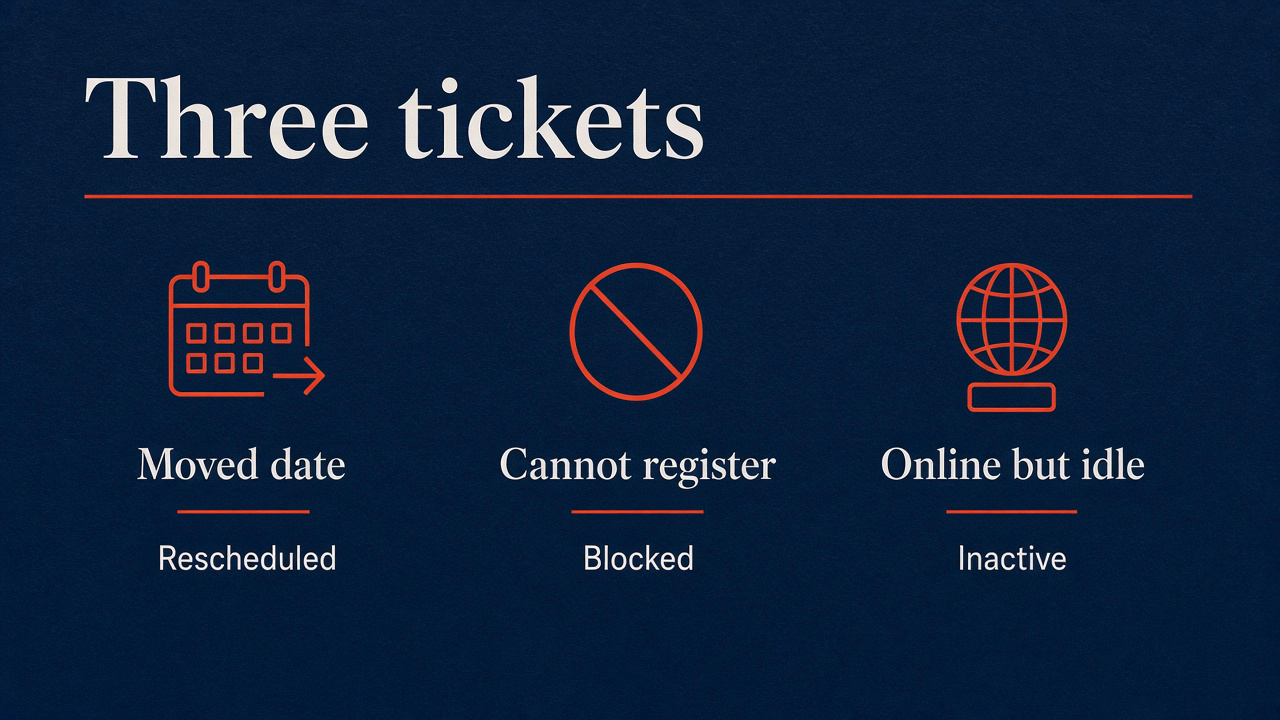 Three tickets: moved date, cannot register, online but idle