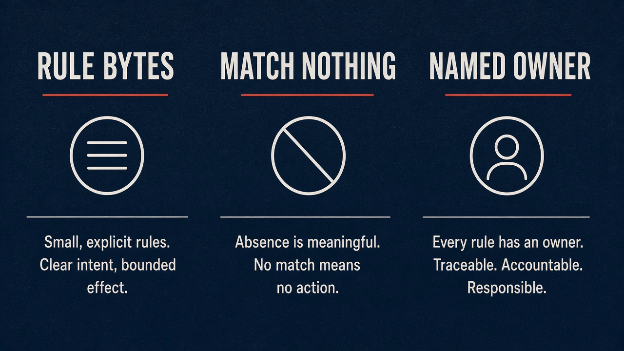 Three columns: rule bytes, match nothing, named owner