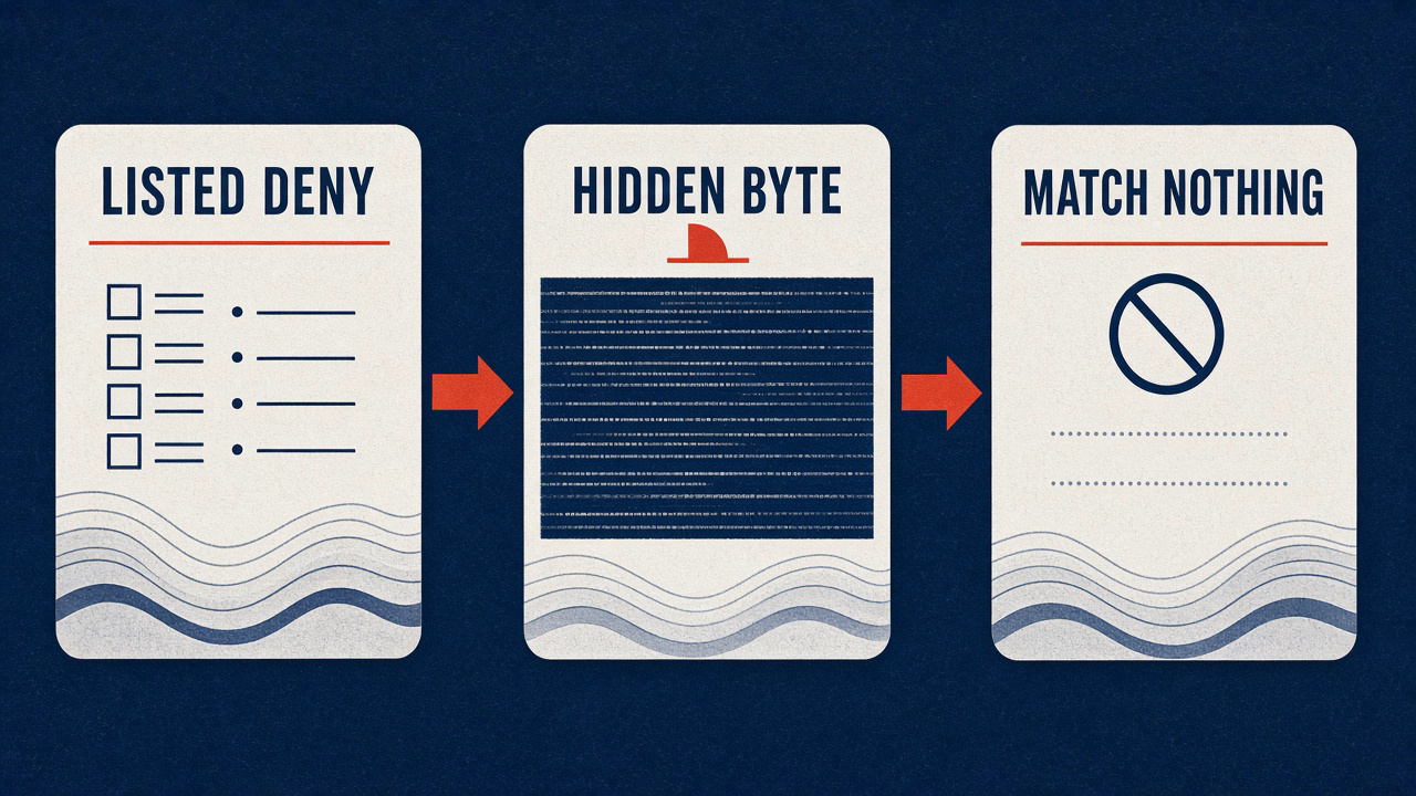 Listed deny, hidden byte, then match nothing