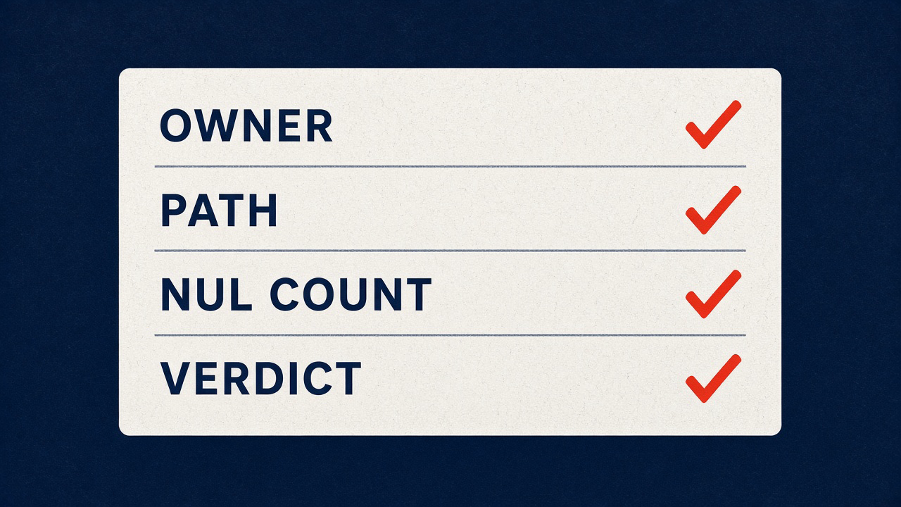 Probe checklist: owner, path, NUL count, verdict