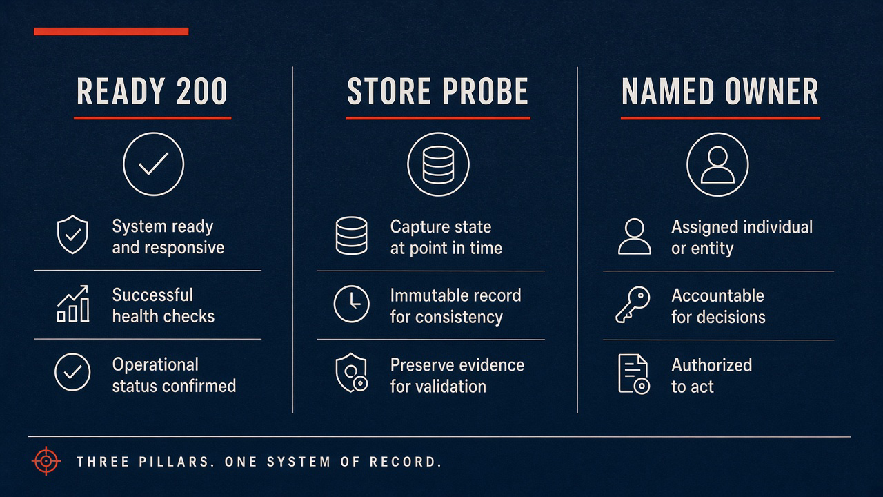 Three columns: ready 200, store probe, named owner