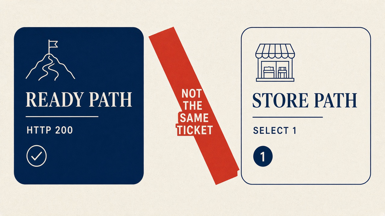 Ready path HTTP 200 is not the same ticket as a store SELECT 1