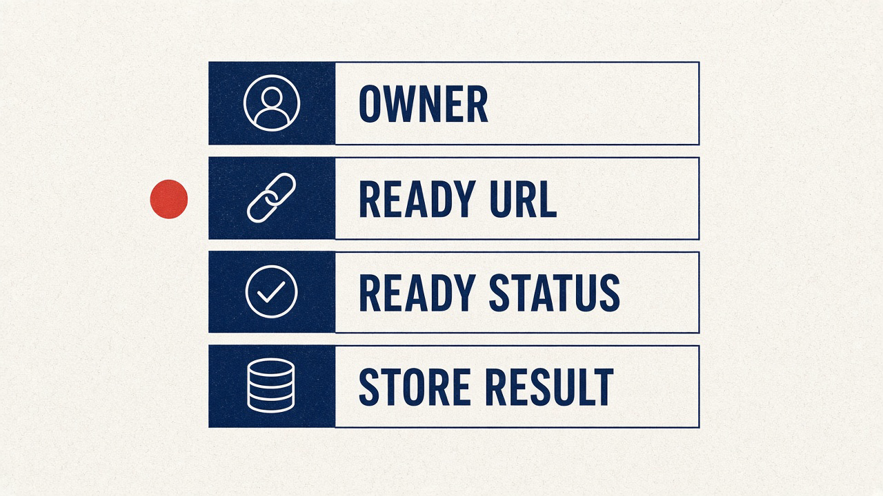 Four-line ticket: owner, ready URL, ready status, store result