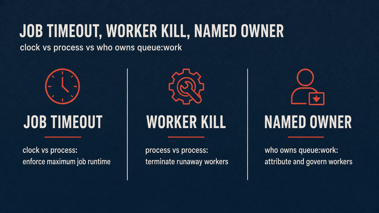Three columns: job timeout, worker kill, named queue:work owner