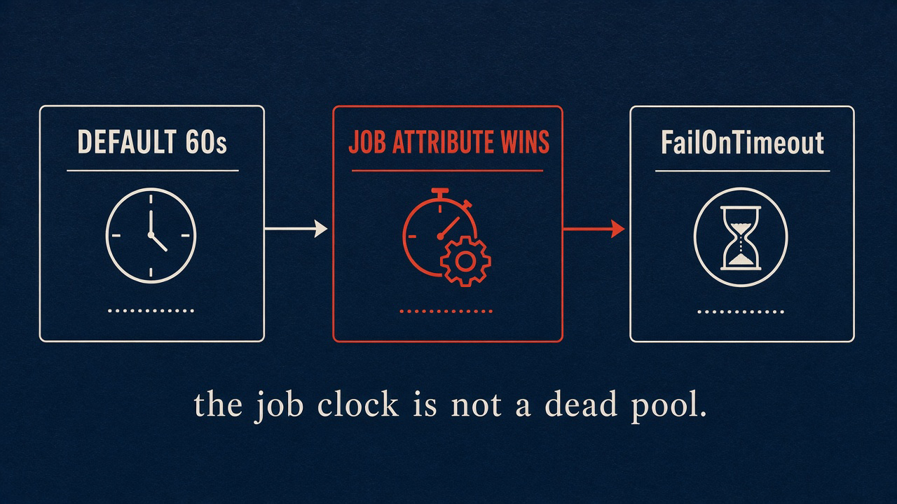 Default 60s clock, job Timeout attribute wins, FailOnTimeout is separate