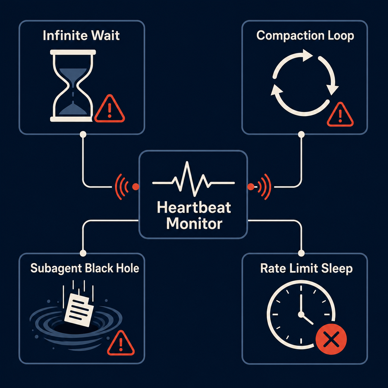 Zombie task detection flow — 4 stall patterns with heartbeat-based recovery