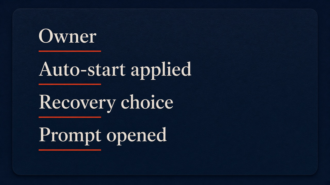 Four-line ticket: owner, auto-start, recovery, prompt