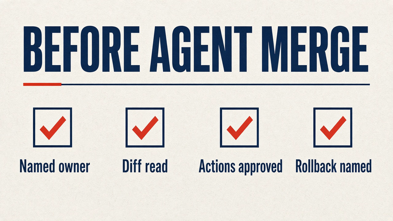 Before agent merge: named owner, diff read, Actions approved, rollback named