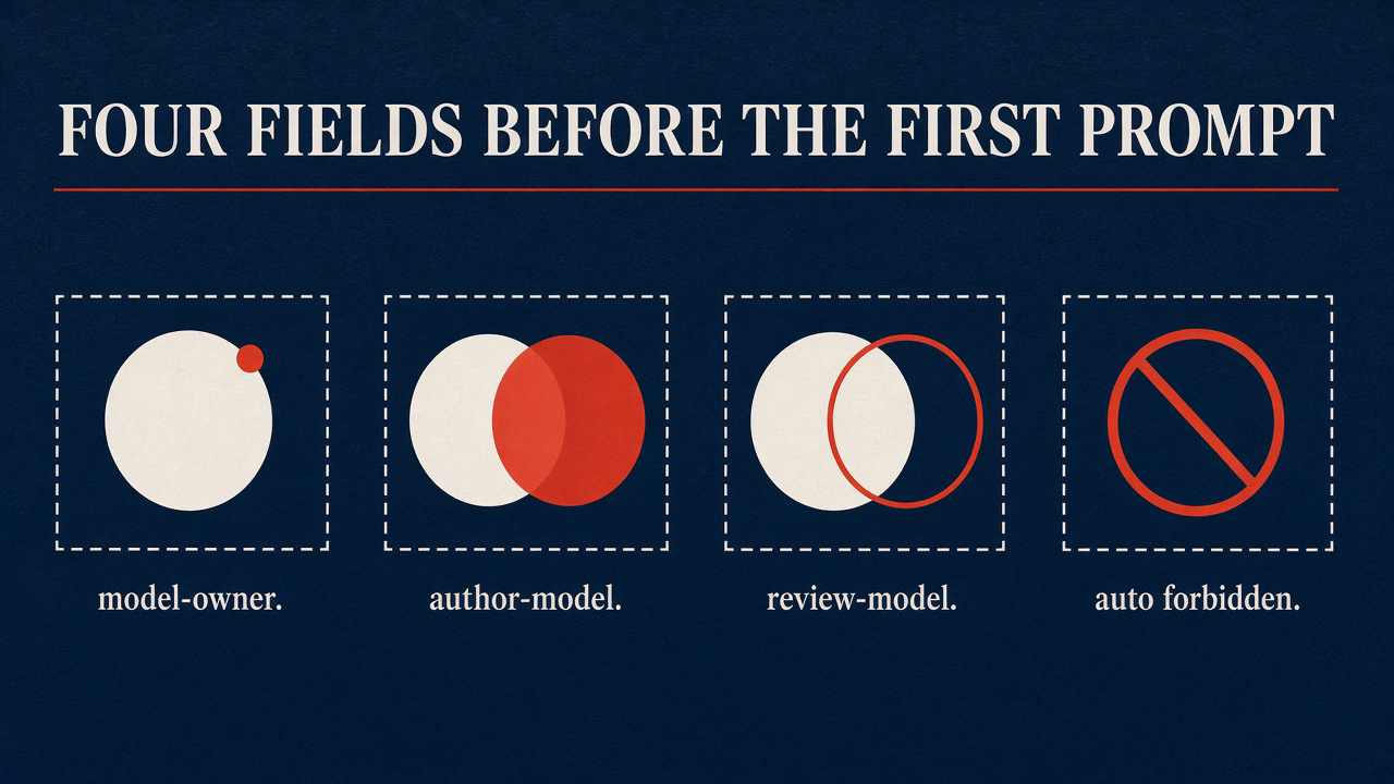 Four fields before the first prompt: model-owner, author-model, review-model, auto forbidden