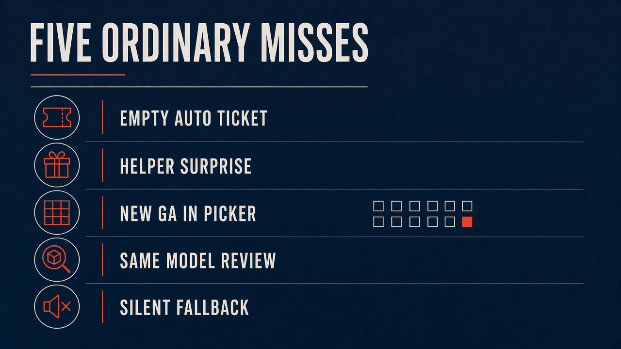 Five ordinary misses: empty Auto ticket, helper surprise, new GA in picker, same-model review, silent fallback