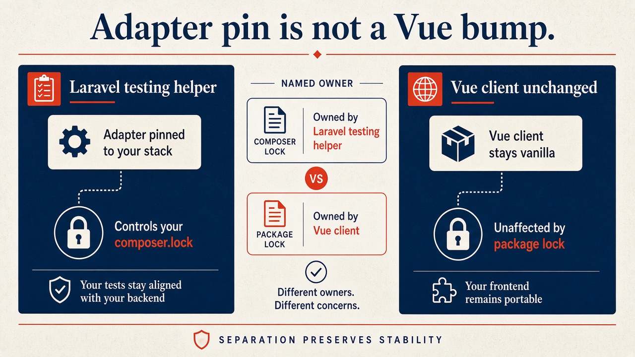 Laravel testing helper versus unchanged Vue client, named lockfile owners