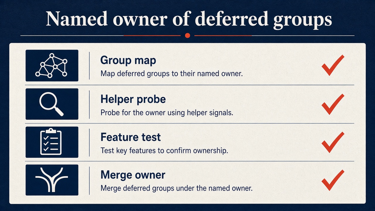 Named owner checklist: group map, helper probe, feature test, merge owner