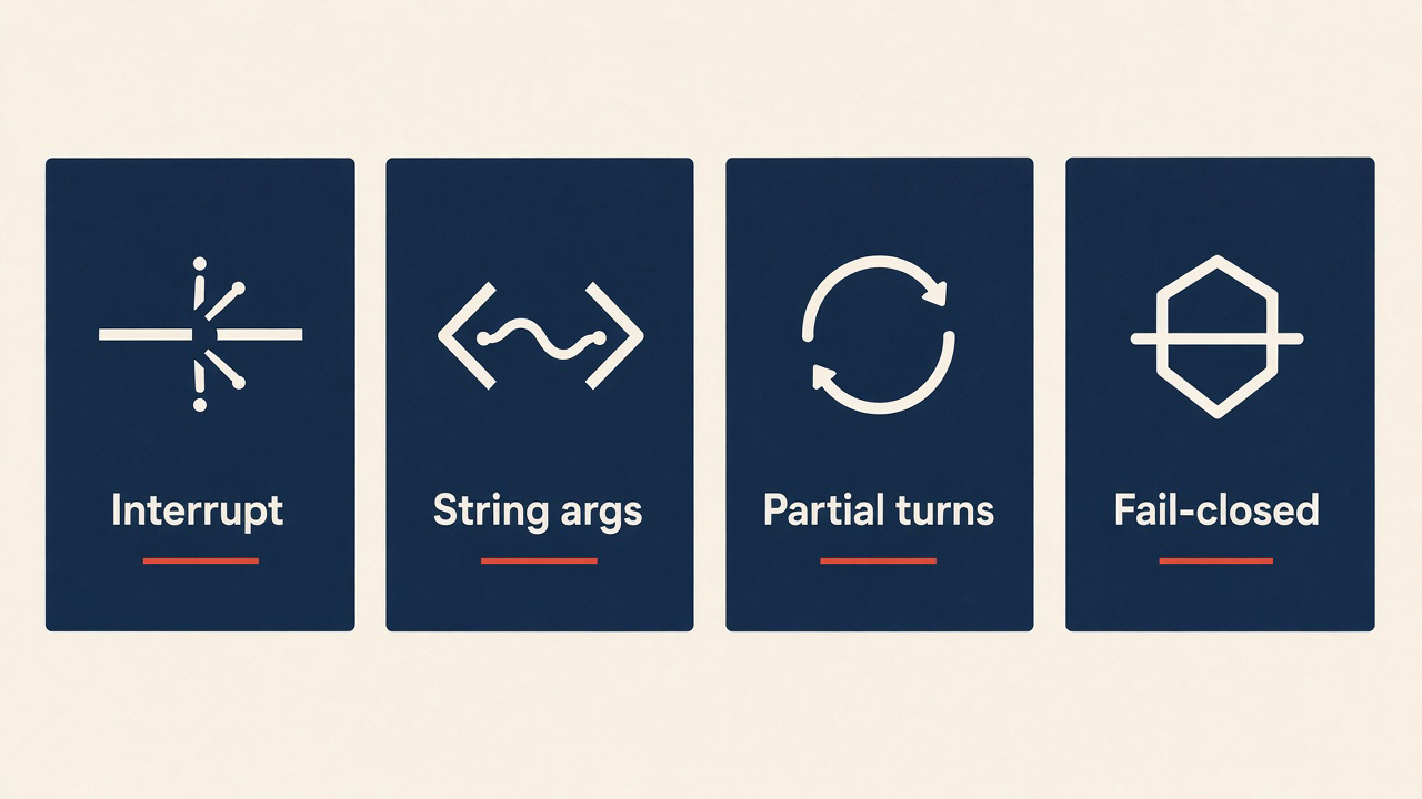 Harness board: interrupt, string args, partial turns, fail-closed