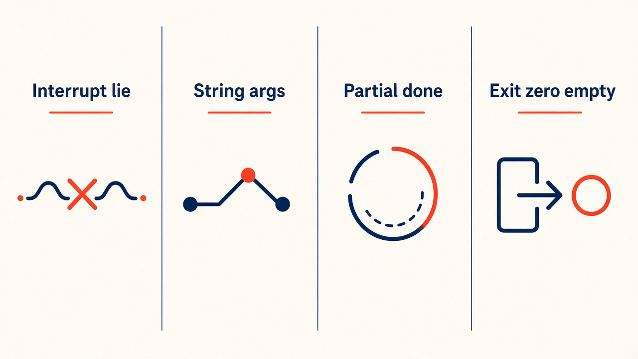Four neighboring failure shapes: interrupt lie, string args, partial done, exit zero empty