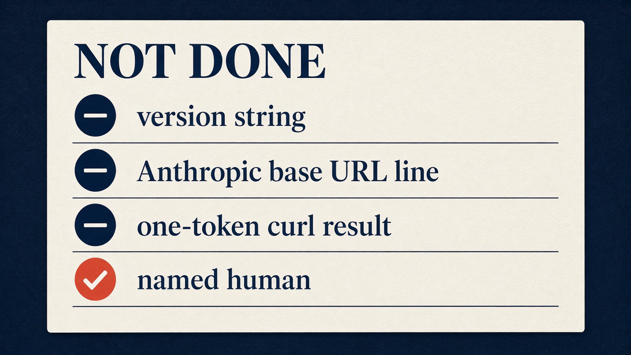 Not done until version, base URL, curl result, and a named human are on the ticket