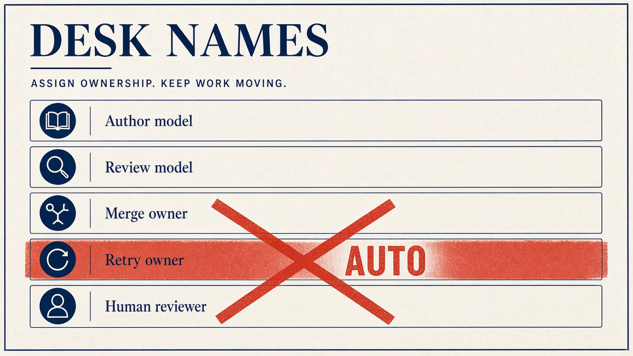 Ticket fields: author model, review model, merge owner, retry owner, human reviewer