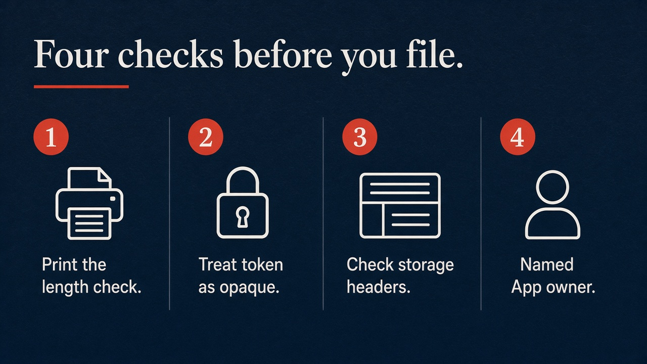 Four checks: Print the length check, Treat token as opaque, Check storage headers, Named App owner
