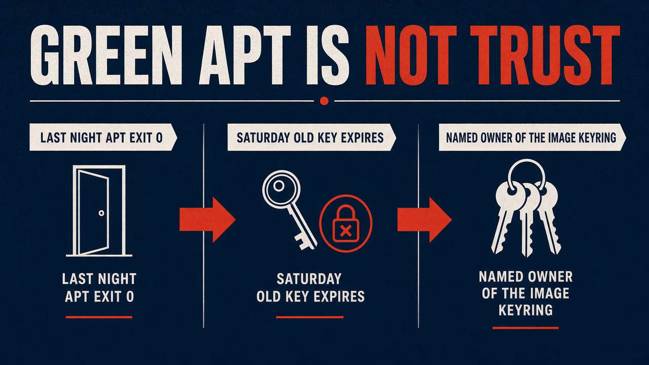 Green apt is not trust: last night exit 0, Saturday expiry, named image owner