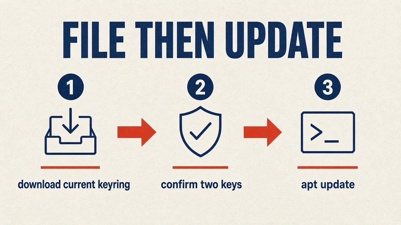 File then update: download current keyring, confirm two keys, then apt update