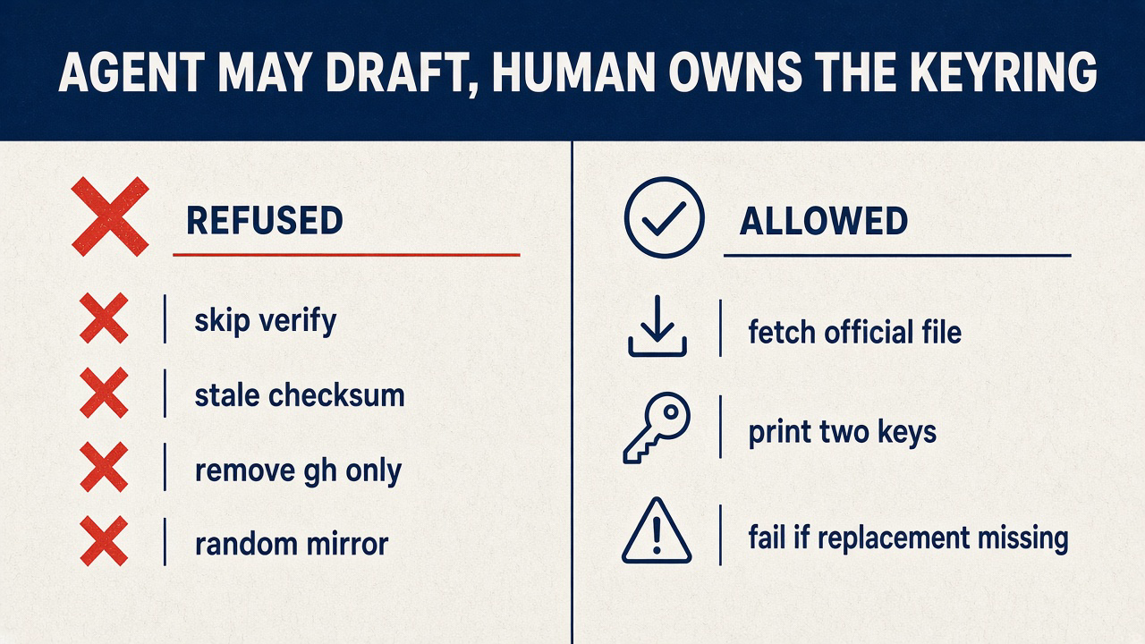 Agent may draft, human owns the keyring: four refused apt shortcuts versus fetch official file and fail if replacement missing