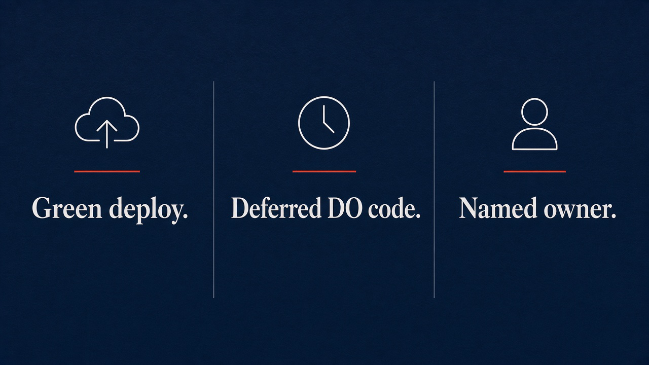 Three columns: green deploy, deferred DO code, named owner