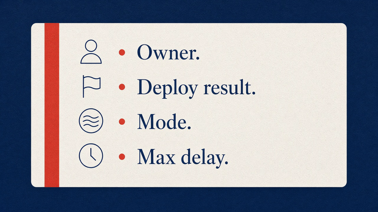 Four-line ticket: owner, deploy result, mode, max delay