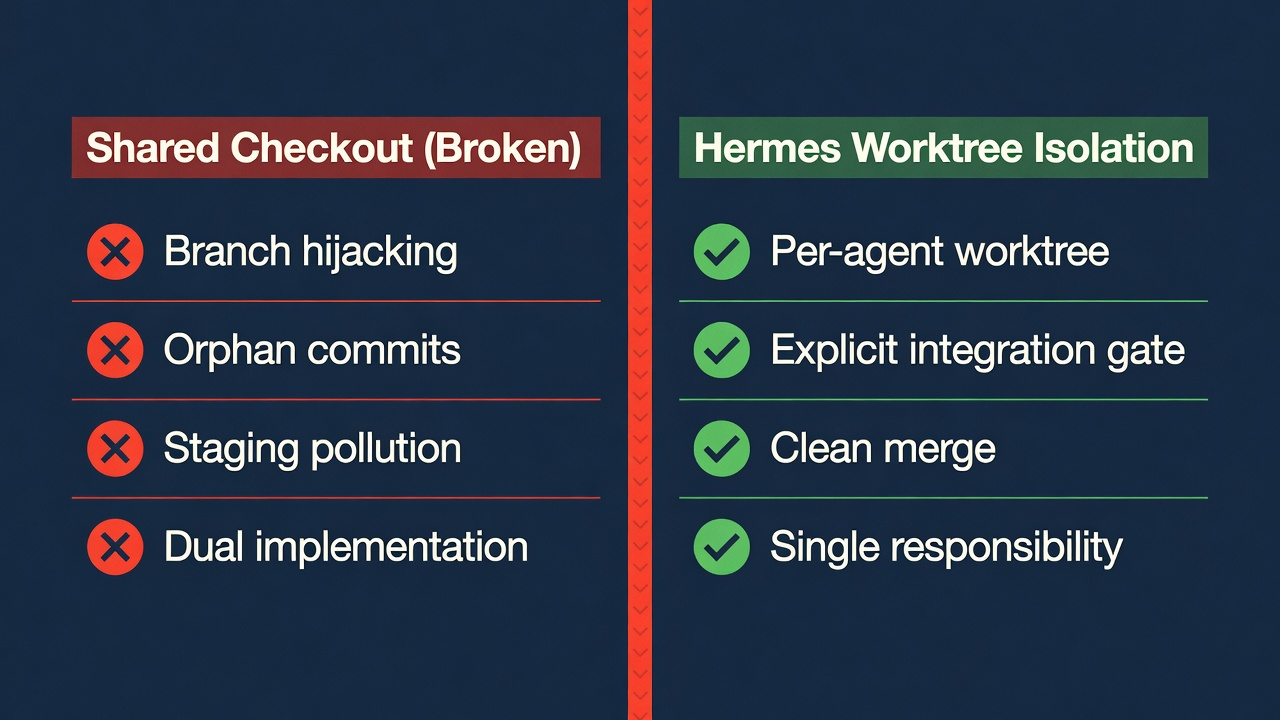 Isolation comparison: shared checkout vs worktree isolation