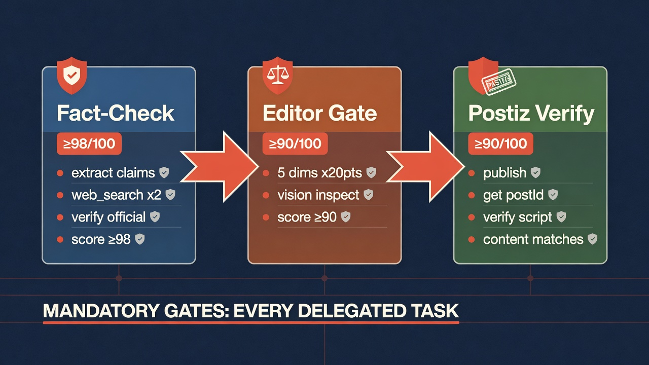 Mandatory verification gates: Fact-Check, Editor Gate, Postiz Verify