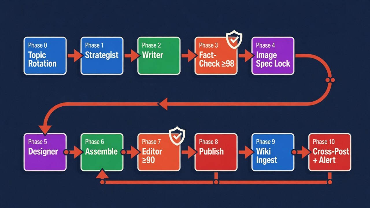 10-stage cron pipeline: Topic Rotation through Cross-Post + Alert