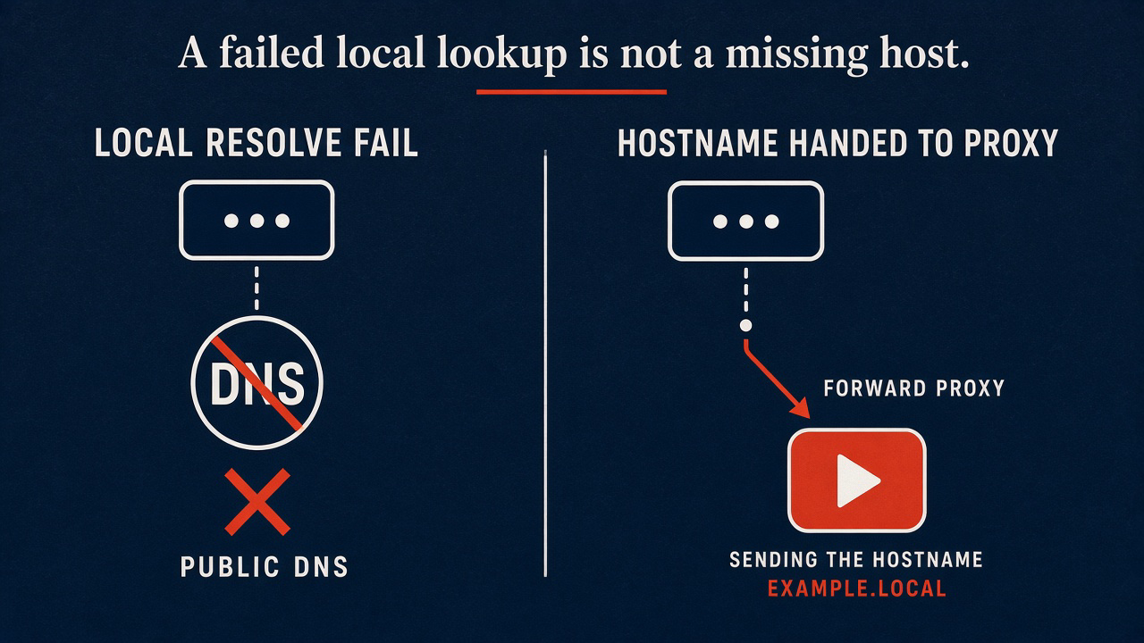 Two columns: local DNS fail is not a missing host when the hostname is handed to the proxy