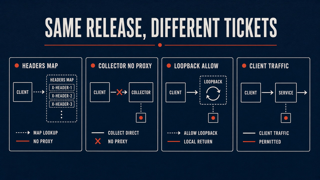 Same release, different tickets: headers map, collector NO_PROXY, loopback allow, client traffic