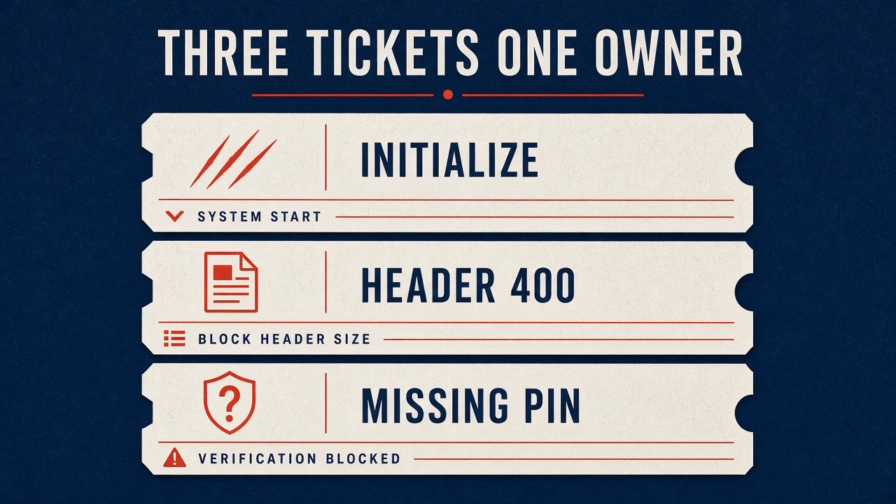 Three tickets: initialize handshake, header 400, missing pin