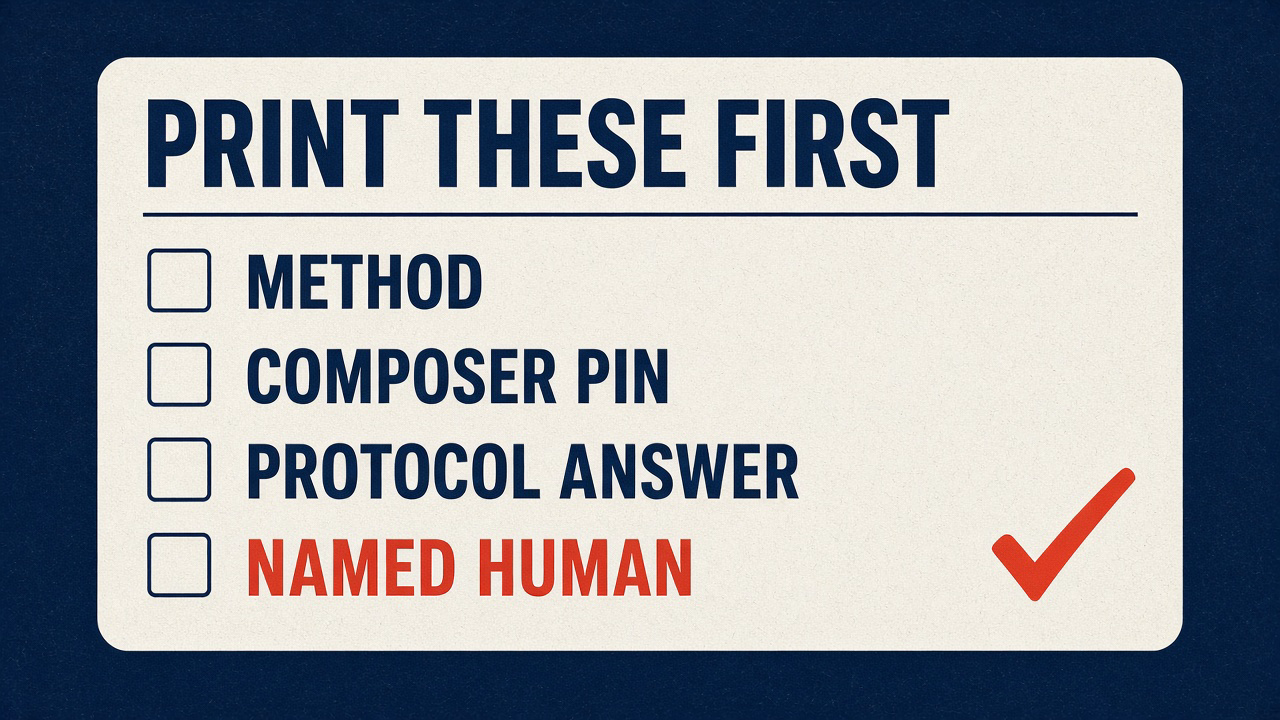 Ticket checklist: method, composer pin, protocol answer, named human