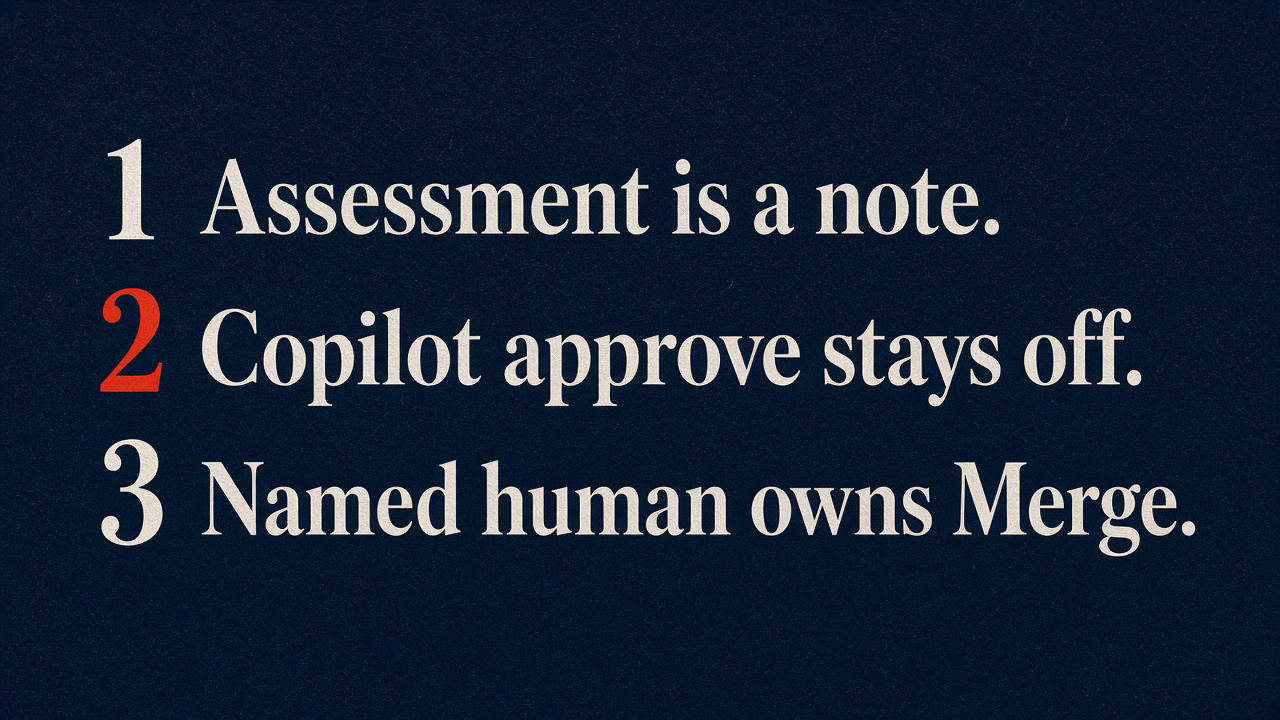 Three desk lines: assessment is a note, Copilot approve stays off, named human owns Merge