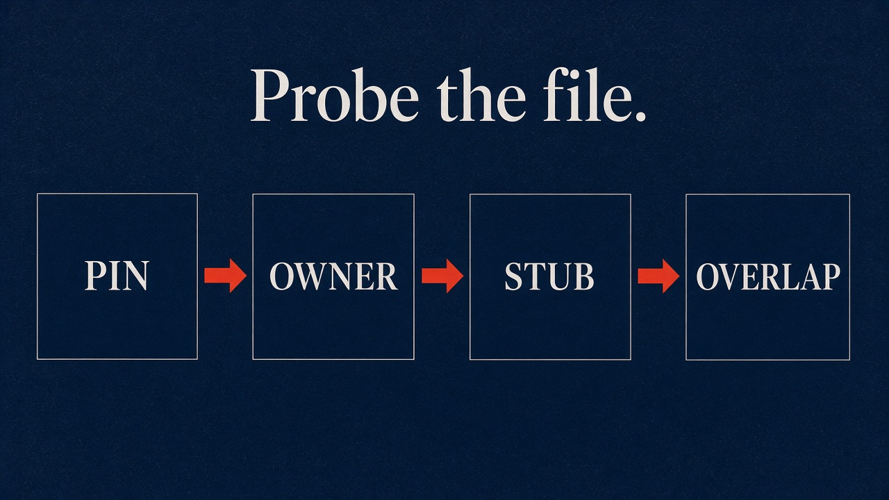 Probe the file: pin, owner, stub, overlap