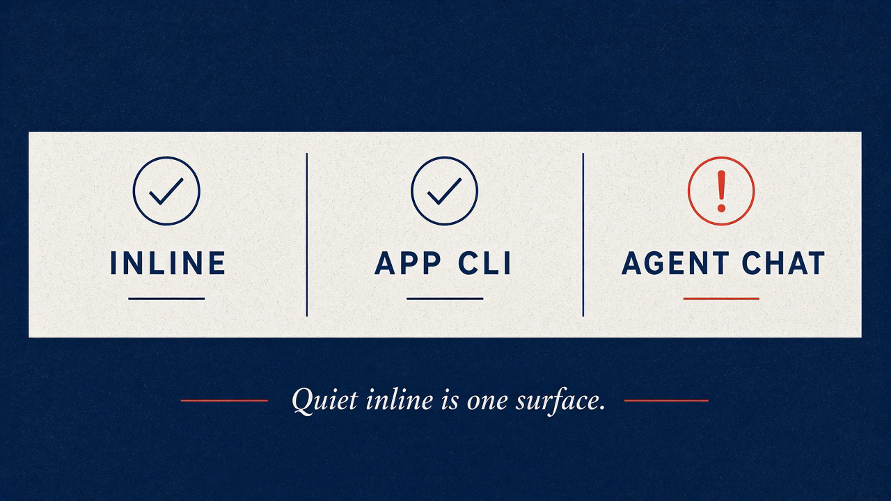 Quiet inline is one surface: INLINE and APP CLI honor the list, AGENT CHAT still warns