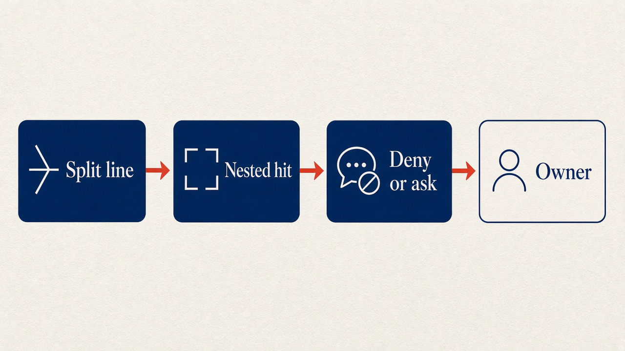 Flow: Split line, Nested hit, Deny or ask, Owner