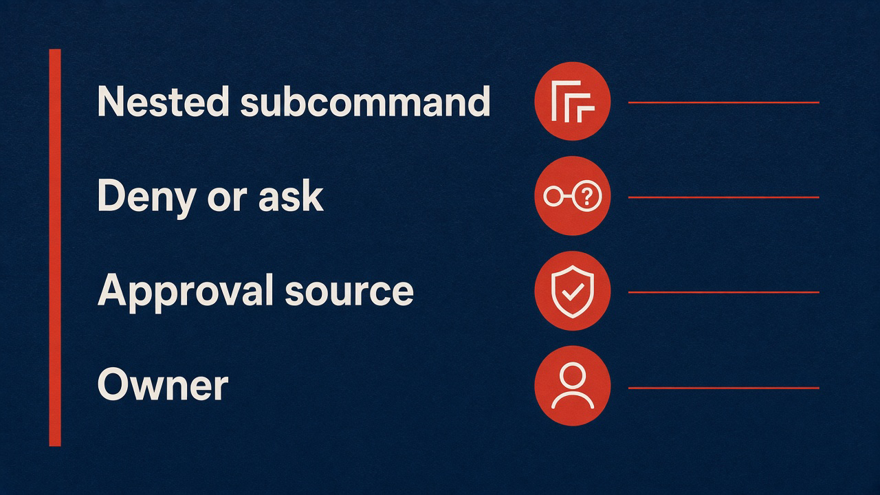 Print four lines: Nested subcommand, Deny or ask, Approval source, Owner