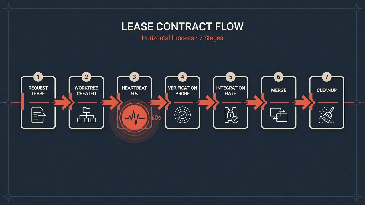 Lease lifecycle: request → heartbeat → verify → integrate → cleanup