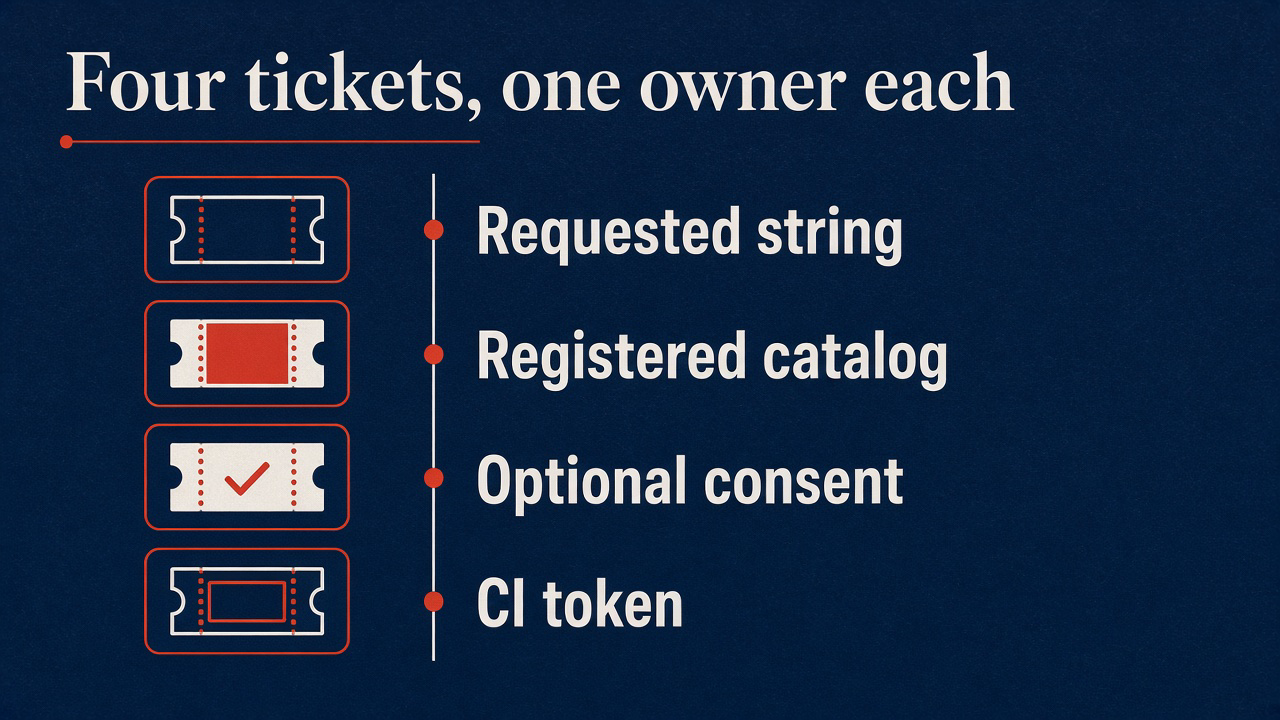 Four tickets, one owner each: requested string, registered catalog, optional consent, CI token