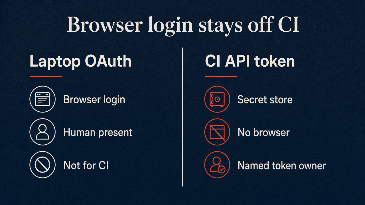 Browser login stays off CI: laptop OAuth versus CI API token