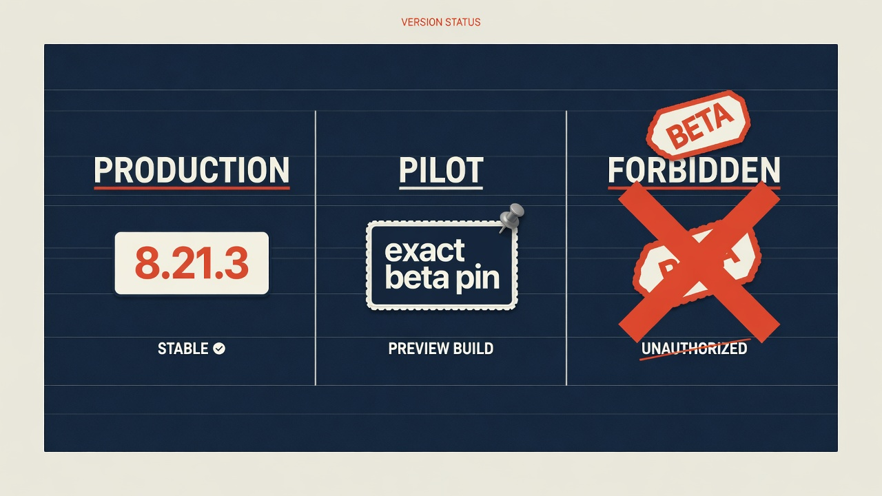 Production 8.21.3 versus pilot exact pin versus forbidden floating beta tag
