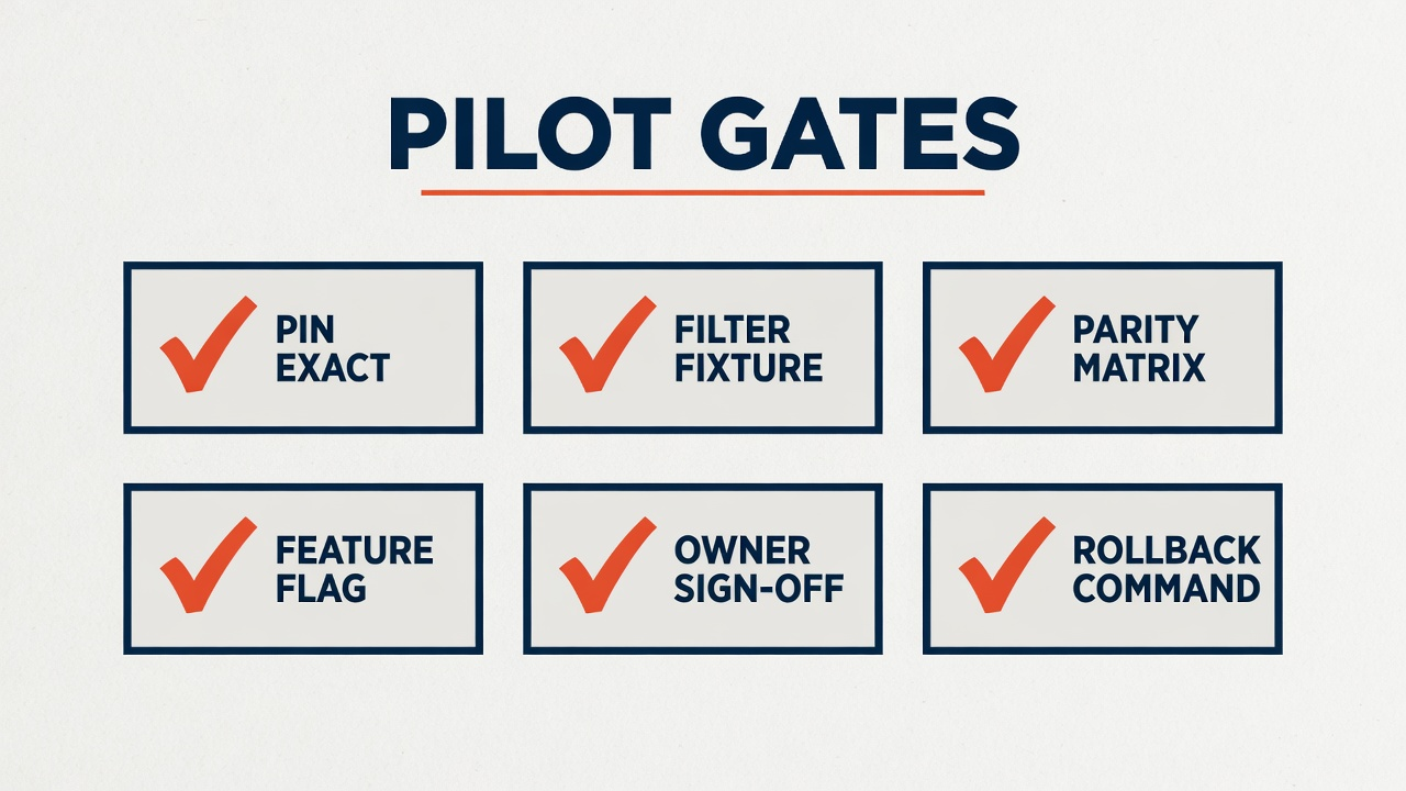 Six pilot gates checklist: pin exact, filter fixture, parity matrix, feature flag, owner sign-off, rollback command