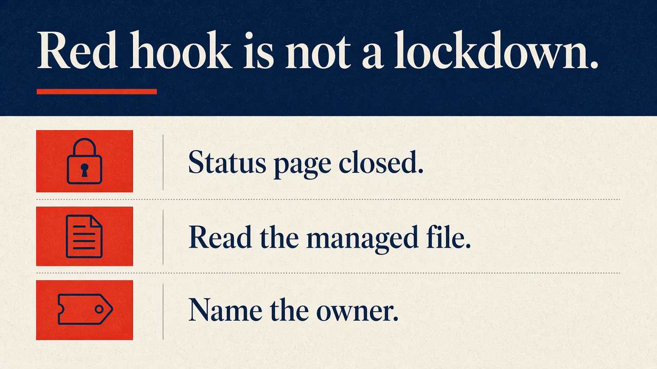 Classify the red hook: not a lockdown, read the managed file, name the owner