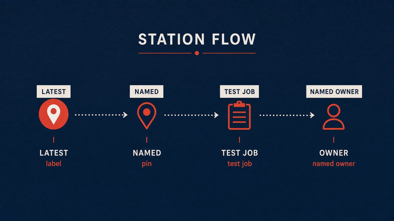 Four stations: latest label, named pin, test job, named owner