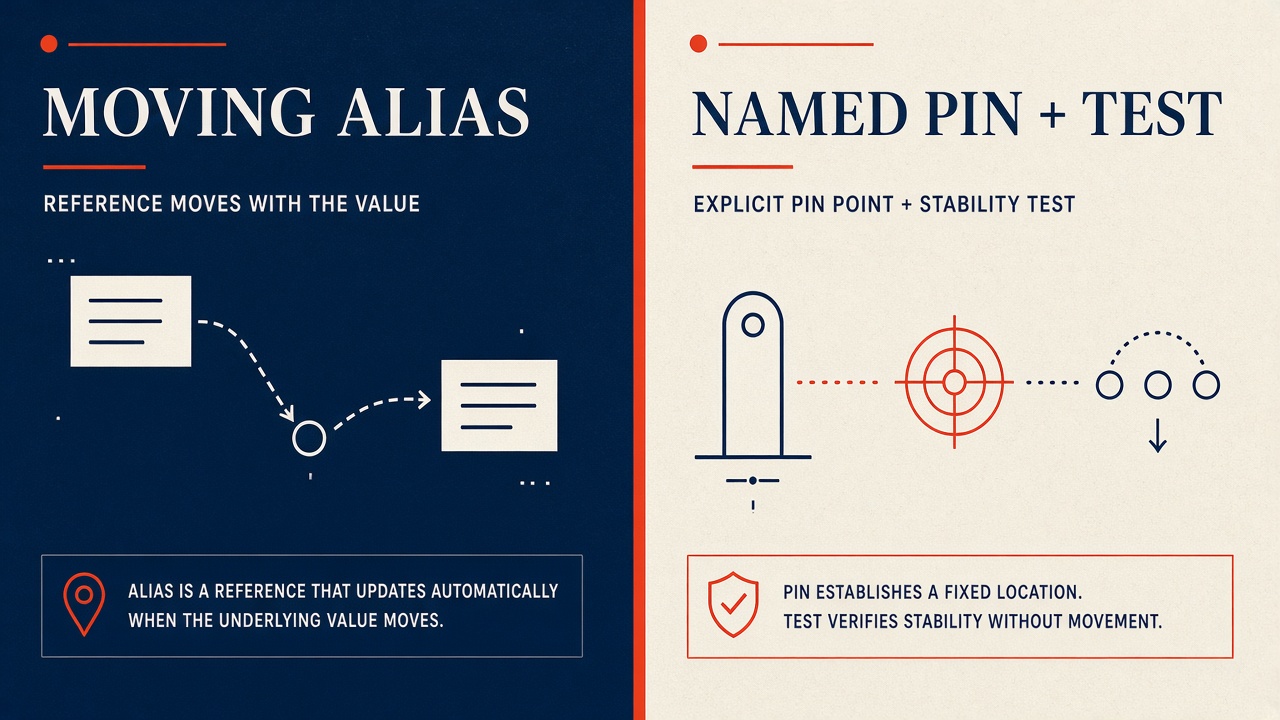 Two columns: moving alias versus named pin plus test