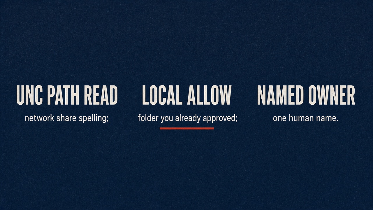 Three columns: UNC path read, Local allow, Named Claude Code owner